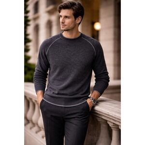 Hammacher Schlemmer Men's Charcoal Gray 100% Cashmere Crew Neck Sweater XL‎